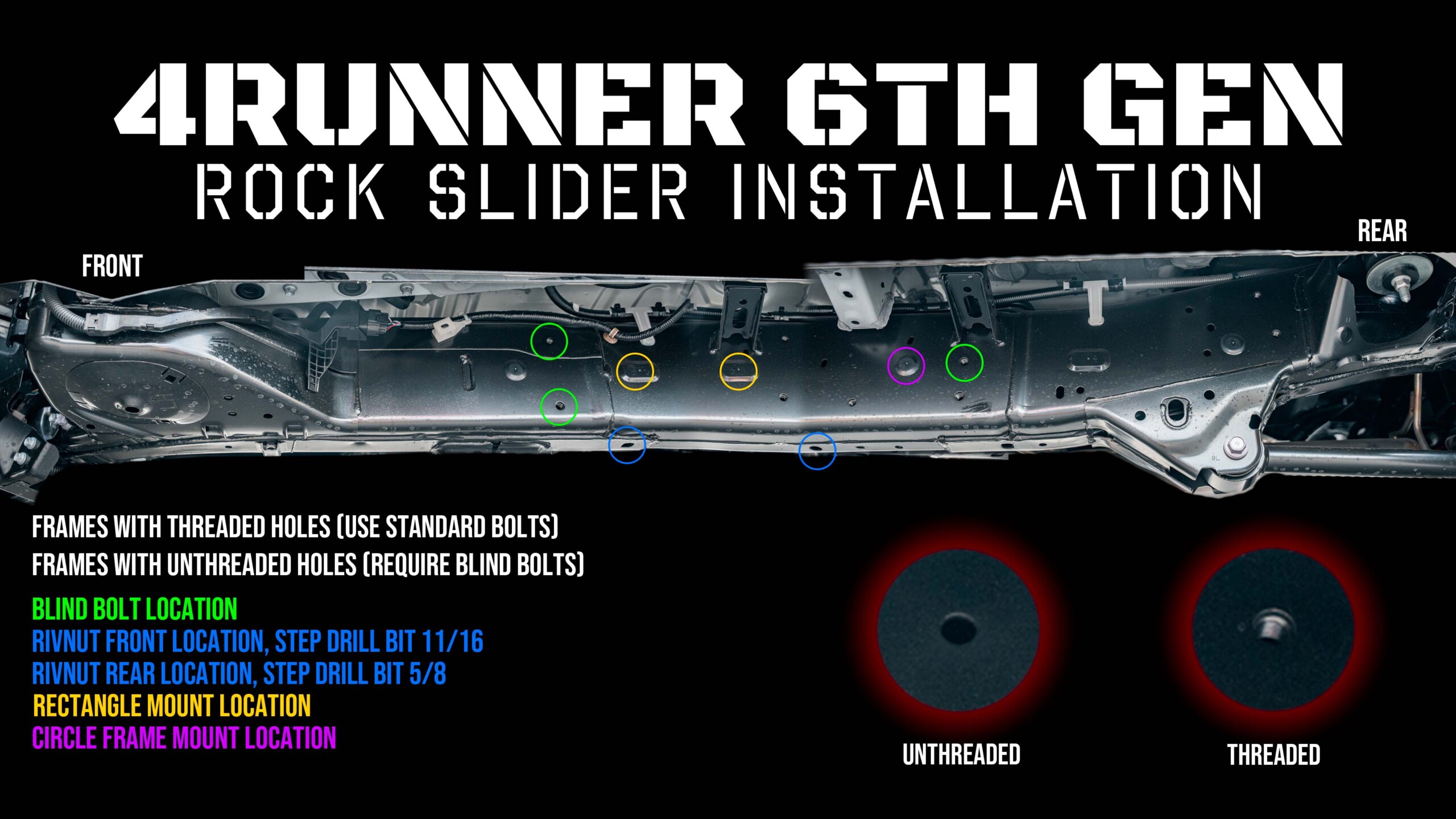 Toyota 4Runner (6th Gen) Westcott Designs Rock Slider Install Guide - Determine Which Hardware Pack is Needed. Tapped or Not Tapped Holes. Non-Tapped (non-threaded) holes in the frame need BLIND BOLT Hardware Kit 3