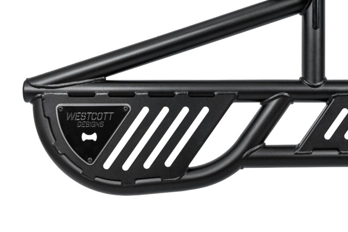 2024 Toyota Land Cruiser LC250 Westcott Designs Rock Sliders 0 Degree with Top plates kick-out view with Westcott Designs branding plate and bottle opener.