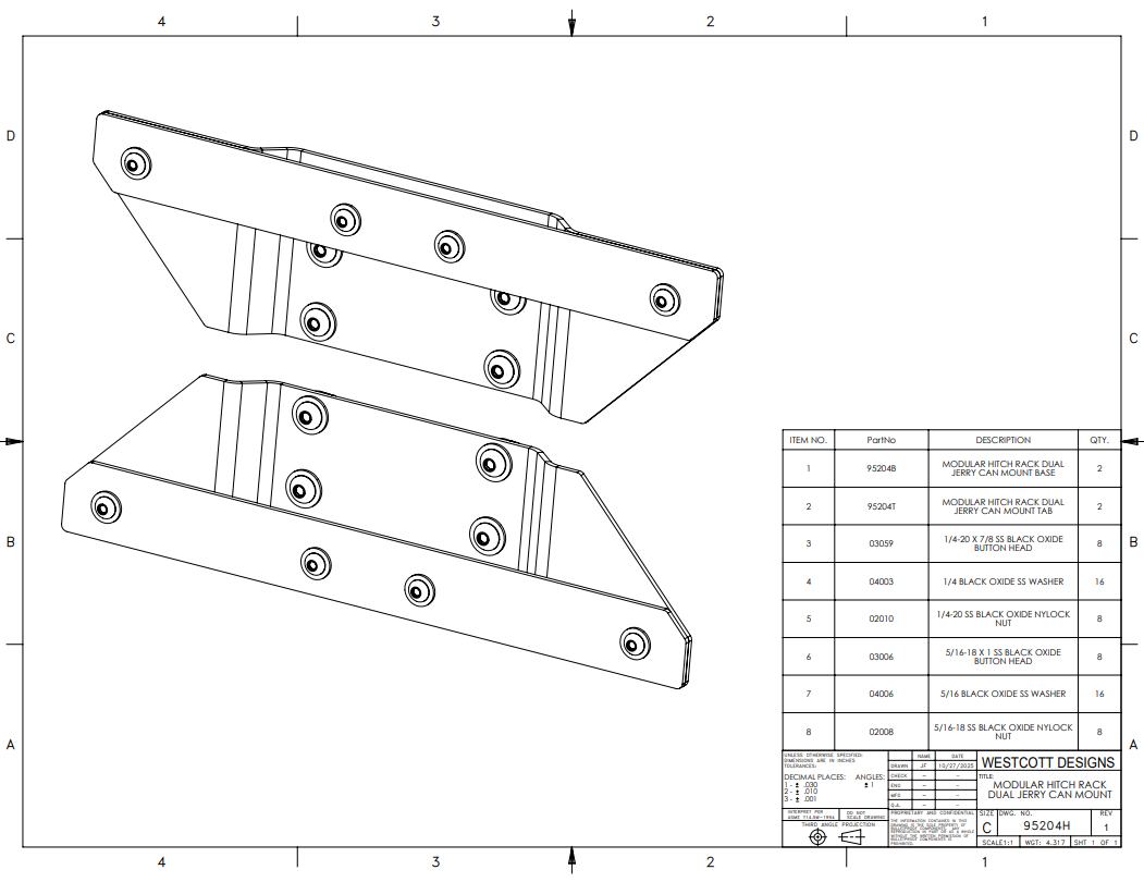 Dual Jerry Can Mounting Bracket. Fits on Westcott Designs Universal Modular Hitch Rack Molle Panels - BOM