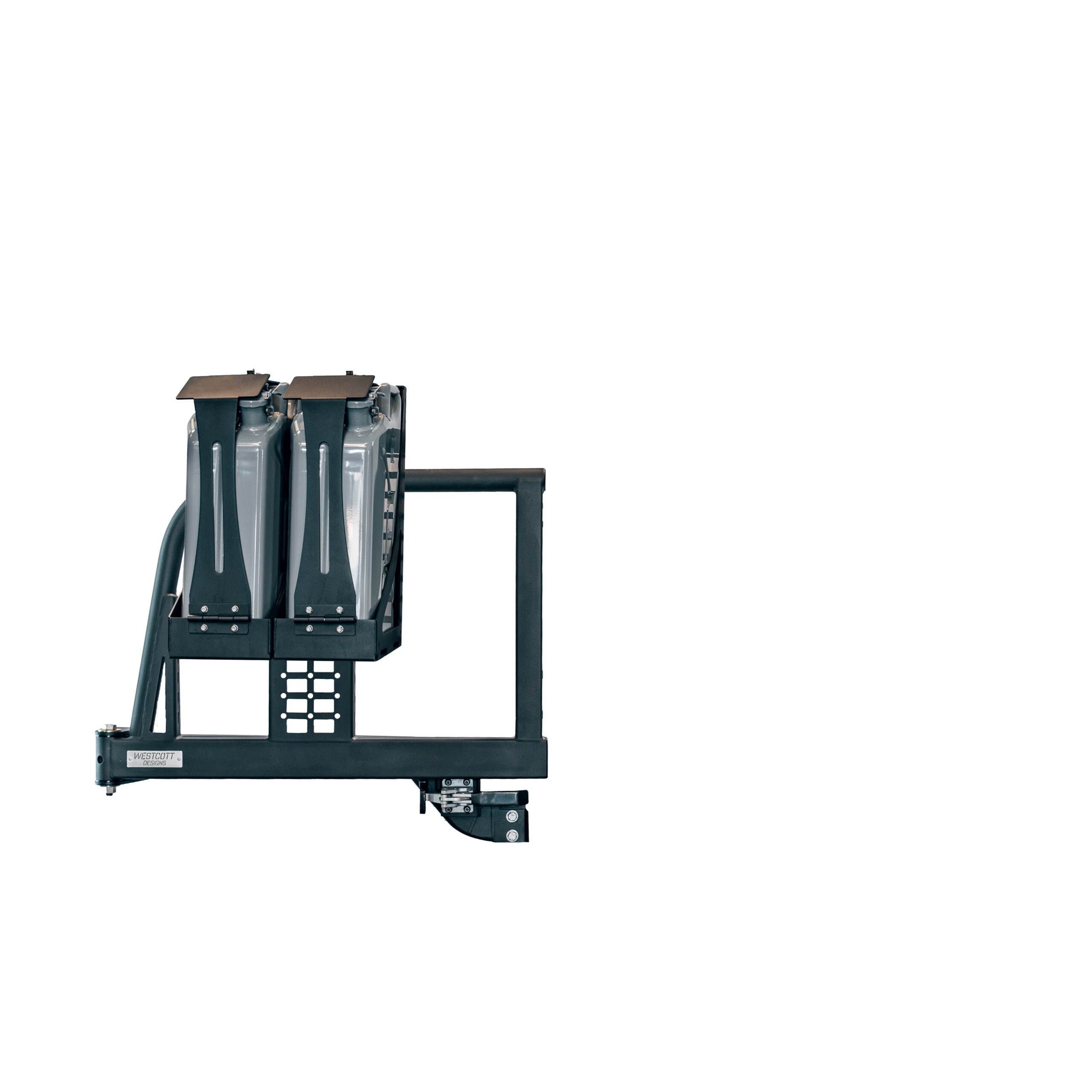 Westcott Designs Driver Side Hitch Rack Swing Arm Displaying the Dual Jerry Can Mounting Brackets and Westcott Designs Jerry Can Mounts