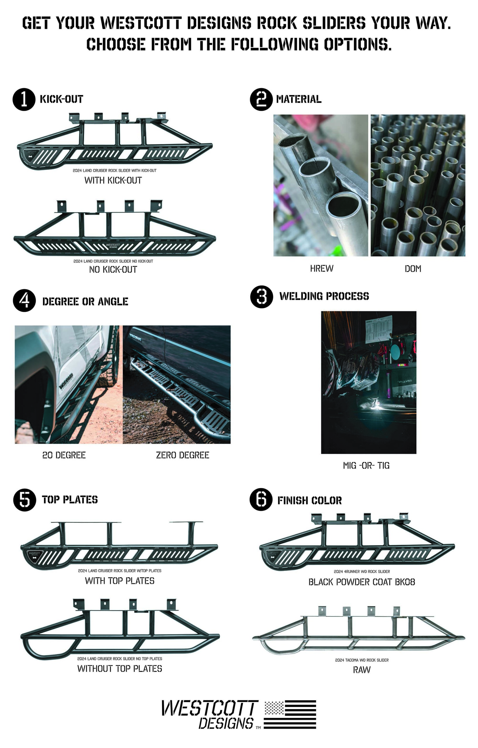 2024 Westcott Designs Rock Sliders Variations to choose from. Kick-Out, No Kick-Out, HREW or DOM steel tubing, MIG or TIG welding process, 20 degree or zero degree angle, with or without top plates and Black Powder Coat or RAW steel mobile