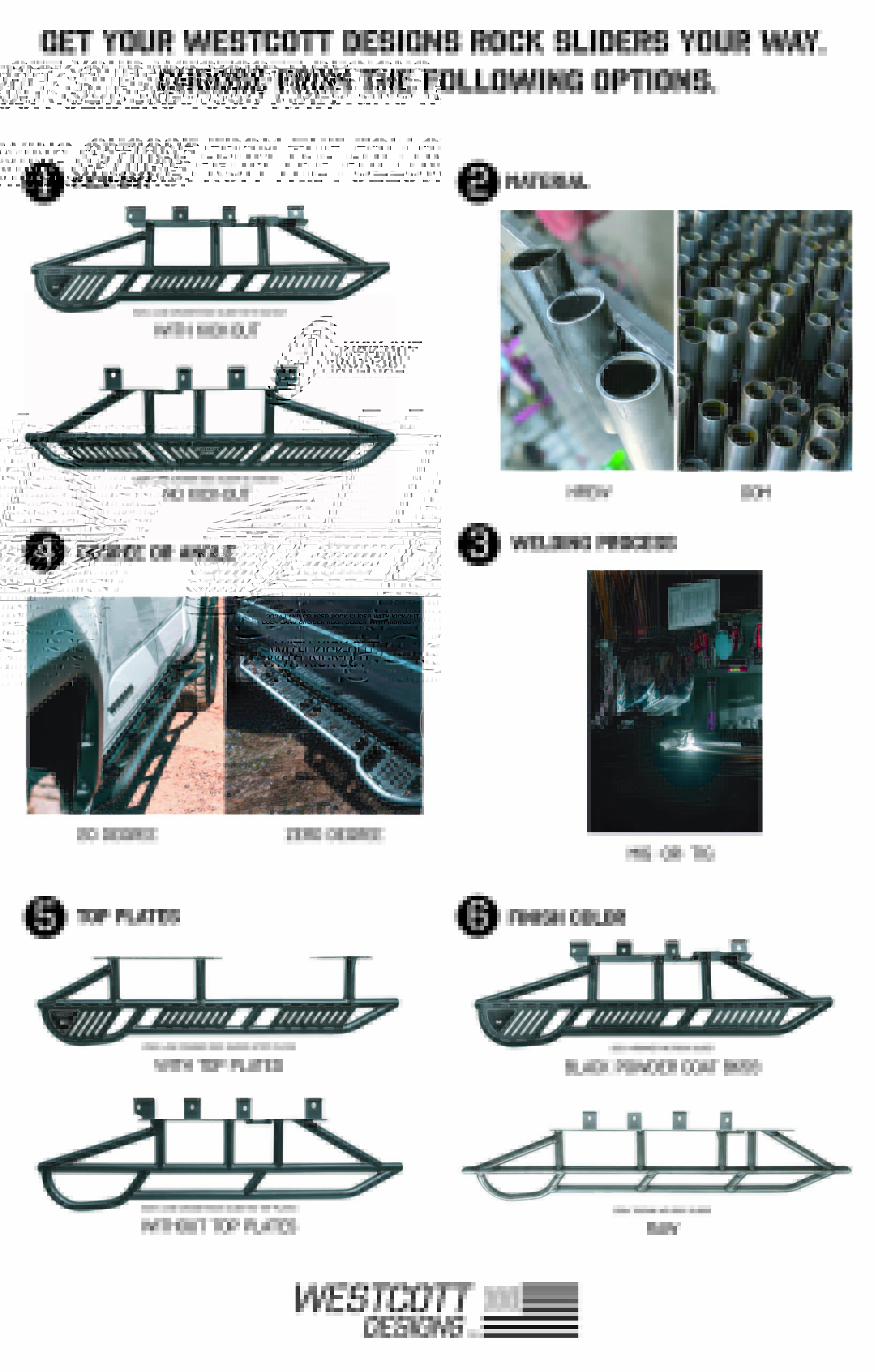 2024 Westcott Designs Rock Sliders Variations to choose from. Kick-Out, No Kick-Out, HREW or DOM steel tubing, MIG or TIG welding process, 20 degree or zero degree angle, with or without top plates and Black Powder Coat or RAW steel mobile2